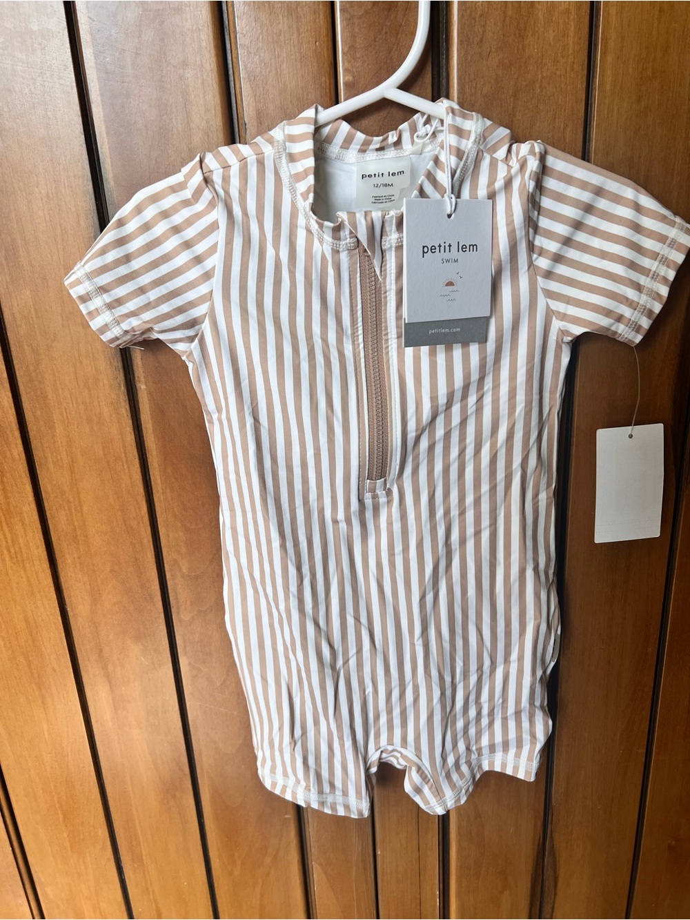 Petit Lem Swimsuit Beige and White Striped Short Sleeve One-Piece